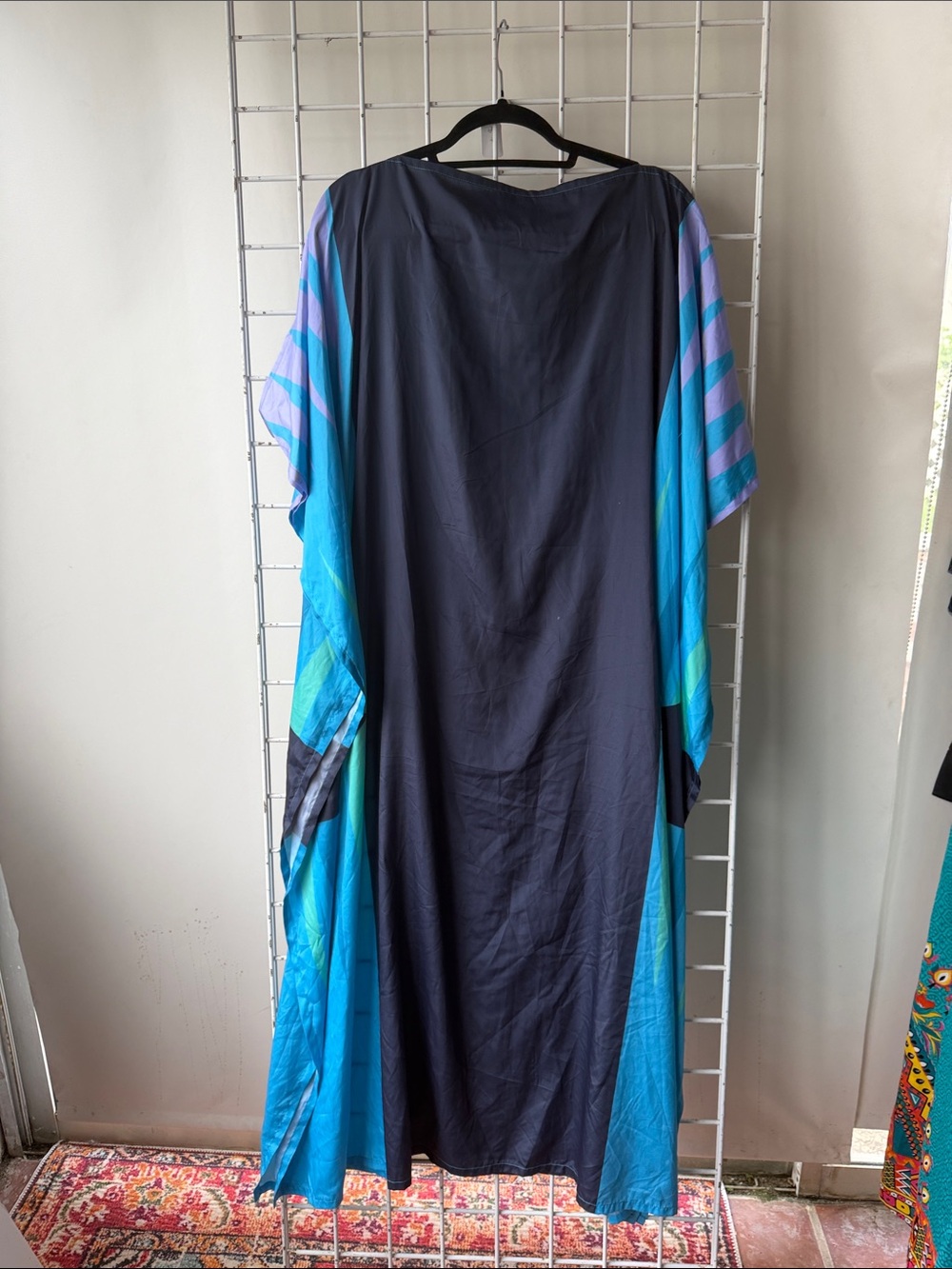 Navy Maxi Kaftan One Size Dress with Bright Blue & Teal Accents Fits Up to Large